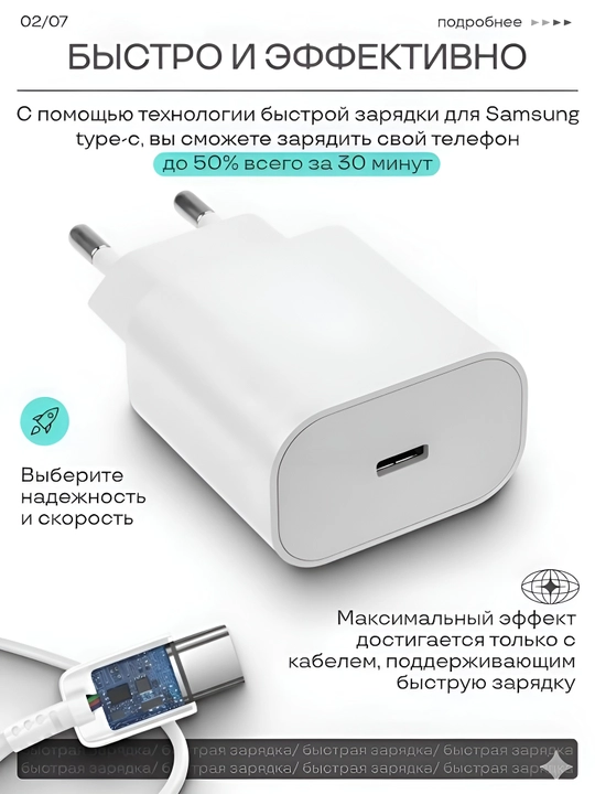Зарядка для телефона быстрая, с кабелем, USB Type-C, 25Вт, Самсунг