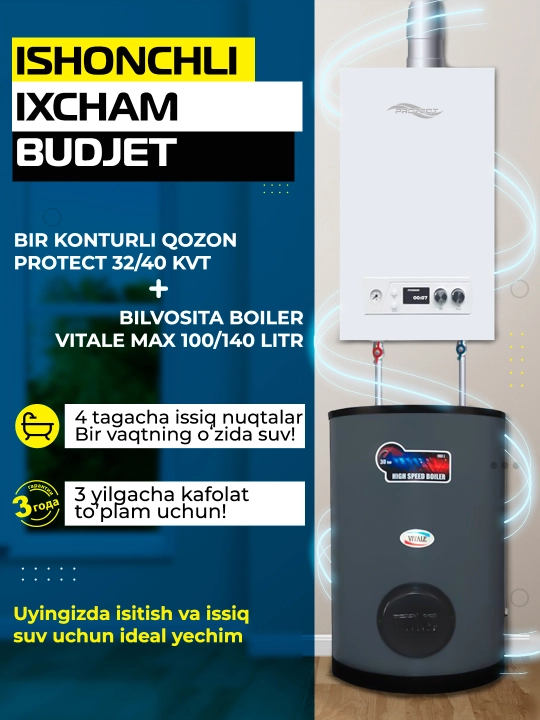 Bir pallali devorga o'rnatilgan qozon (PROTECT) 32 kVt, 40 kVt