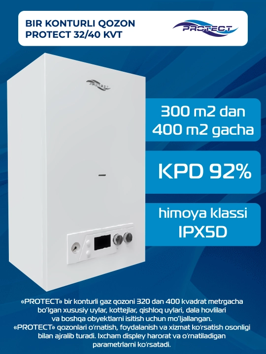 Bir pallali devorga o'rnatilgan qozon (PROTECT) 32 kVt, 40 kVt