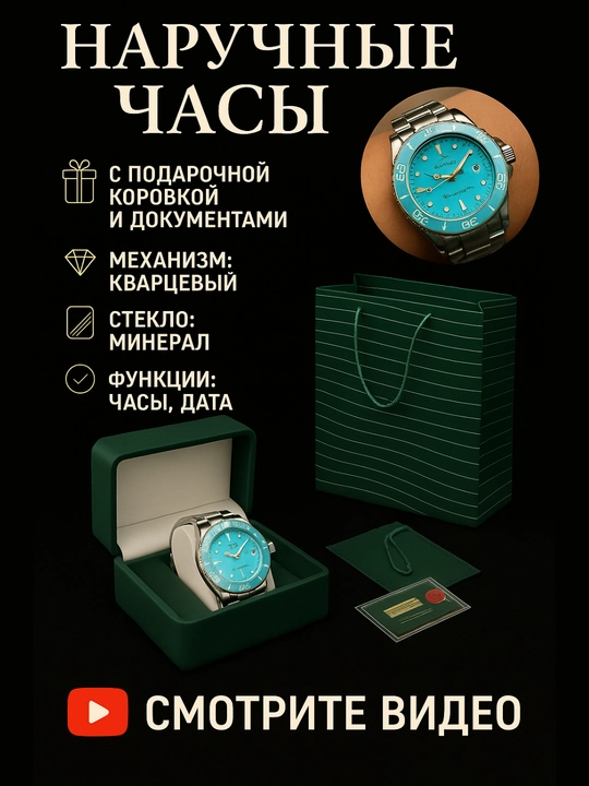 Мужские наручные часы, коробка с документами и подарочный пакет - 