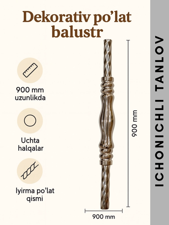 Zinalar uchun dekorativ po‘lat balustr — brass bezakli, o‘yma shaklli dizayn