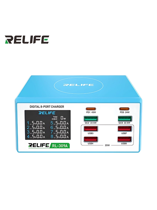 RELIFE RL-309A — Мощное 8-портовое зарядное устройство 100 Вт с поддержкой PD 3.0 и QC 3.0