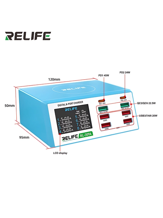 RELIFE RL-309A — Мощное 8-портовое зарядное устройство 100 Вт с поддержкой PD 3.0 и QC 3.0