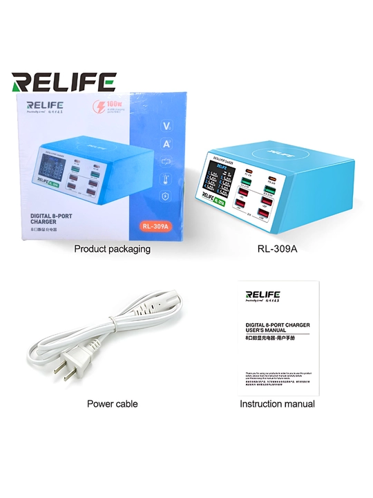 RELIFE RL-309A — Мощное 8-портовое зарядное устройство 100 Вт с поддержкой PD 3.0 и QC 3.0