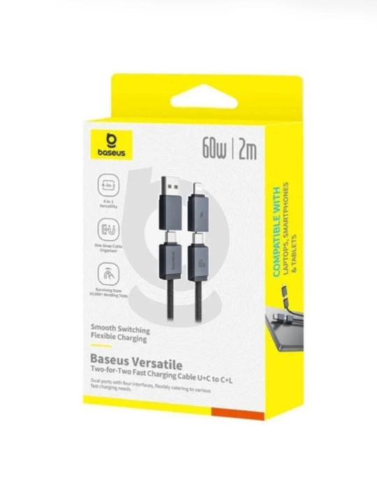 USB-A+USB-C dan USB-C+Lightning 60 Vt 2m USB-a + USB-C ko'p qirrali tez zaryadlash kabeli