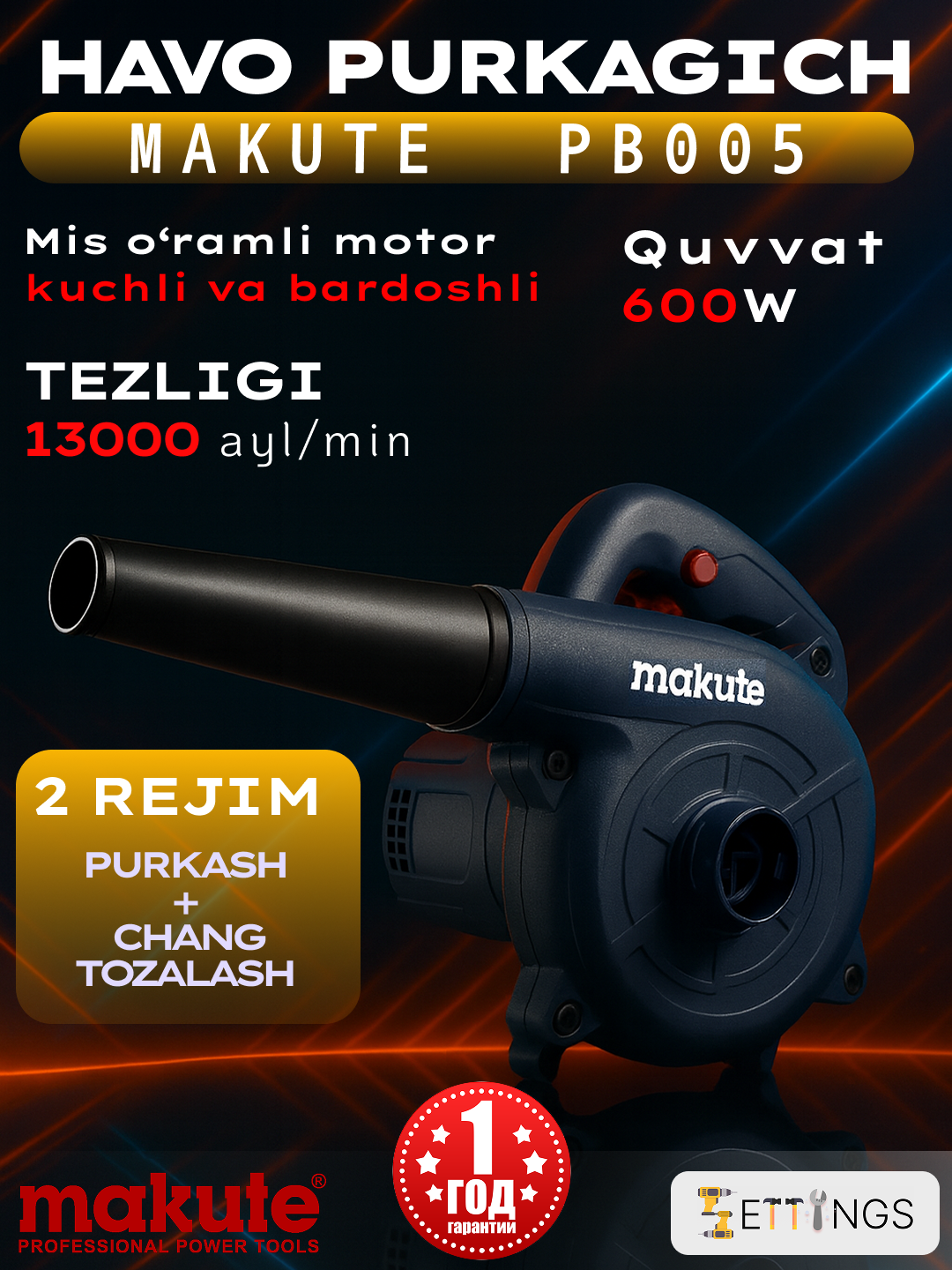 Makute PB005 portativ elektr puflagich + changyutkich, 650W, tezlikni boshqarish bilan
