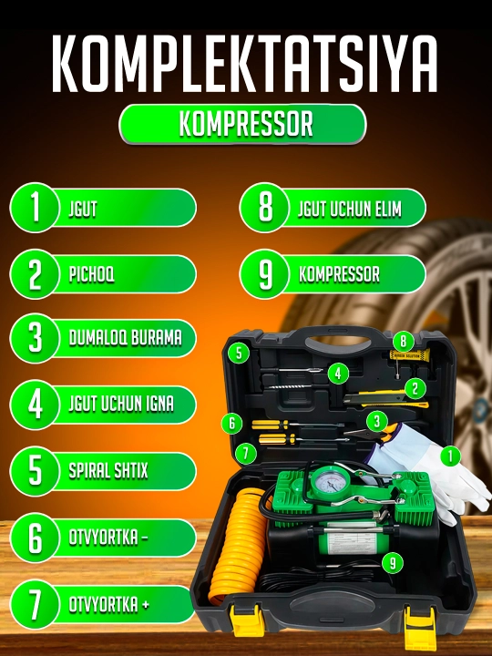 Avtomobil kompressor nasosi, 12V, to‘plam