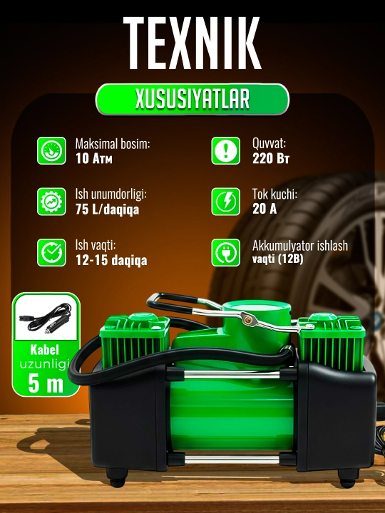 Avtomobil kompressor nasosi, 12V, to‘plam