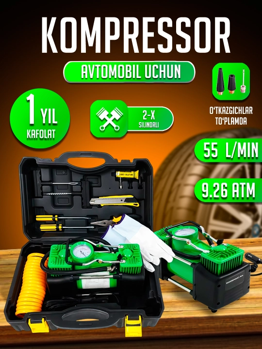 Avtomobil kompressor nasosi, 12V, to‘plam