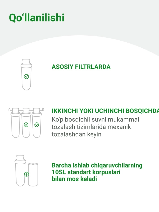 10SL ko‘mirli suv filtri, geyzer miks, 0.6 mkm blok, suvni xlordan tozalash