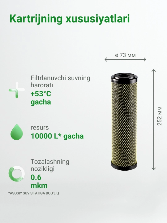 10SL ko‘mirli suv filtri, geyzer miks, 0.6 mkm blok, suvni xlordan tozalash