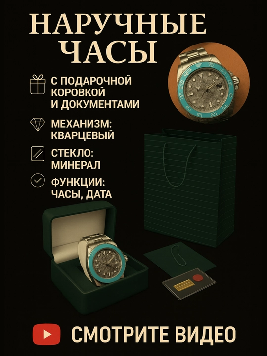 Мужские наручные часы, коробка с документами и подарочный пакет - 