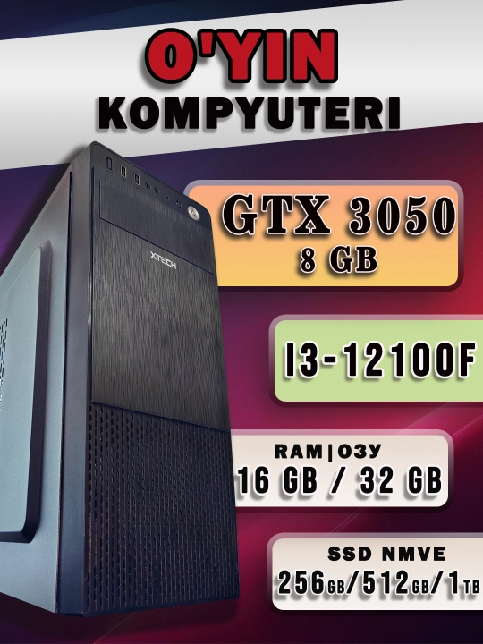 Core i3-12100F/RTX 3050 8GB o'yin kompyuteri, zamonaviy o'yinlar uchun kompyuter