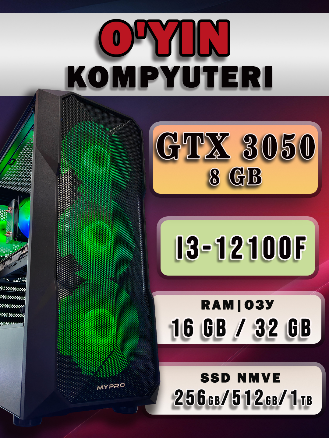 Core i3-12100F/RTX 3050 8GB o'yin kompyuteri, zamonaviy o'yinlar uchun kompyuter
