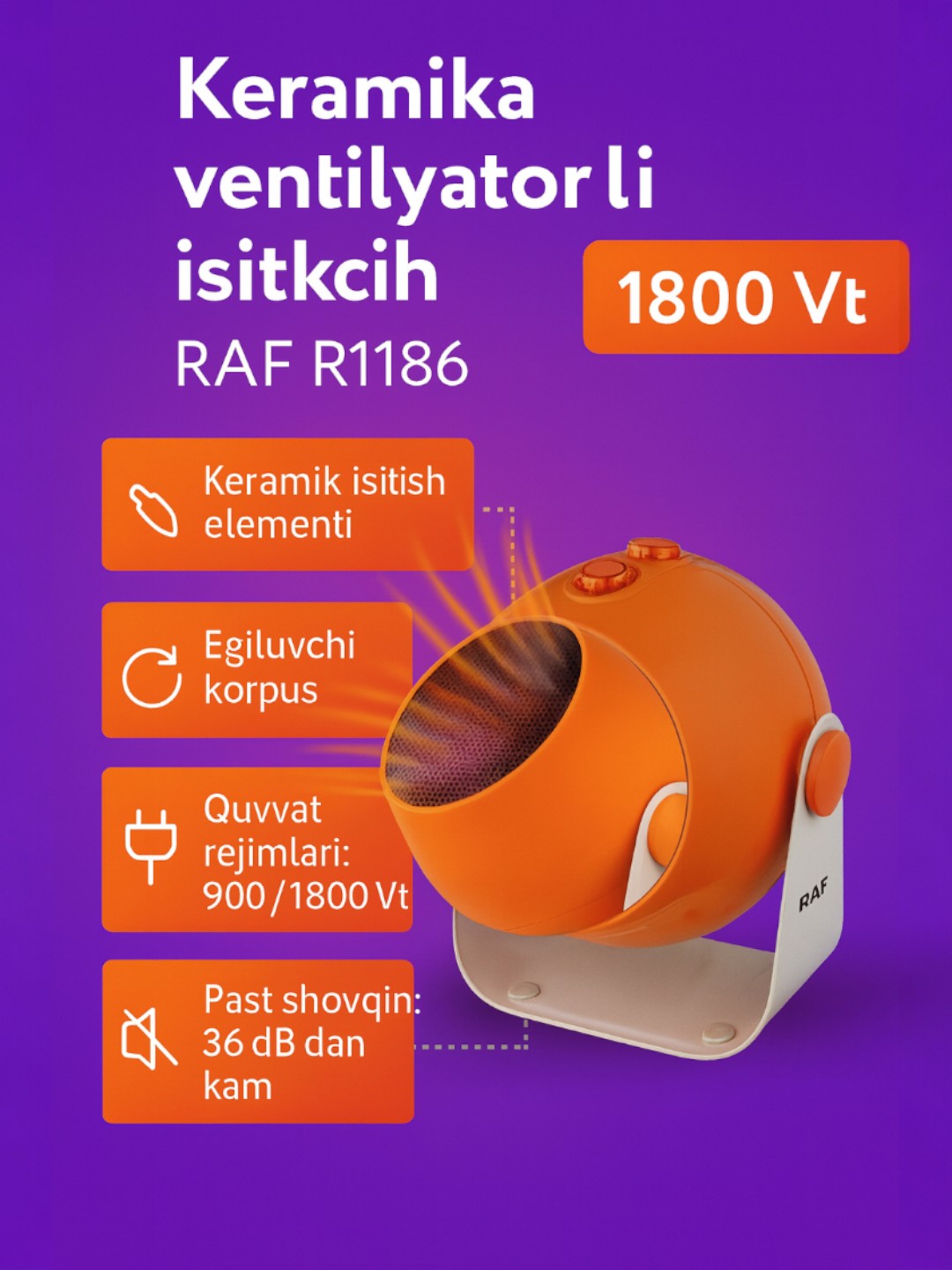Керамический обогреватель (тепловентилятор) RAF R1186, с регулировкой наклона, 1800 Вт
