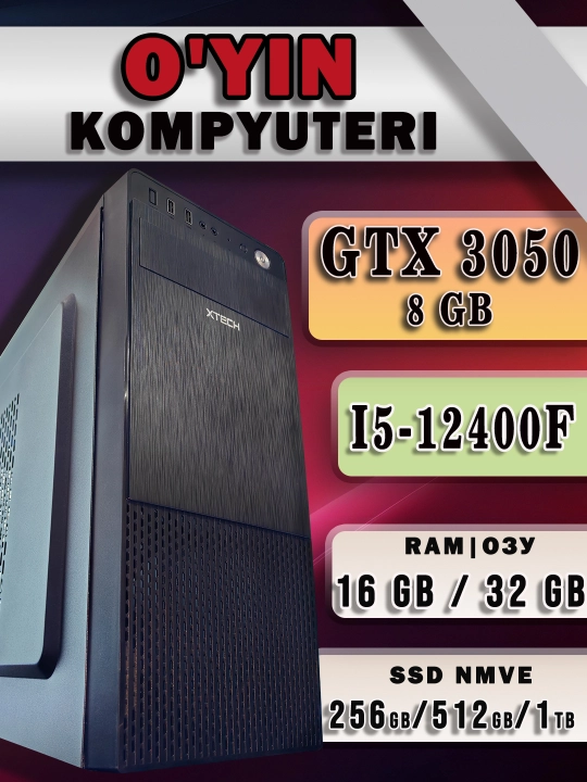 Kuchli kompyuter, Core i5-12400F, RTX 3050 8GB videokarta - zamonaviy o'yinlar uchun PC