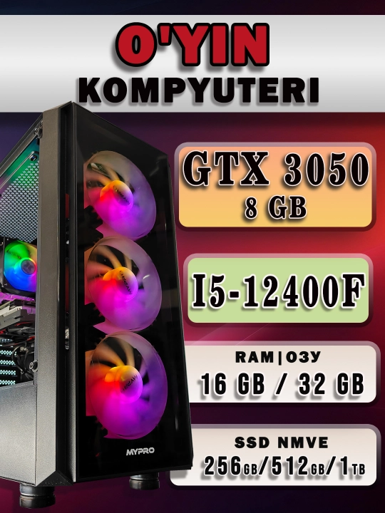 Kuchli kompyuter, Core i5-12400F, RTX 3050 8GB videokarta - zamonaviy o'yinlar uchun PC