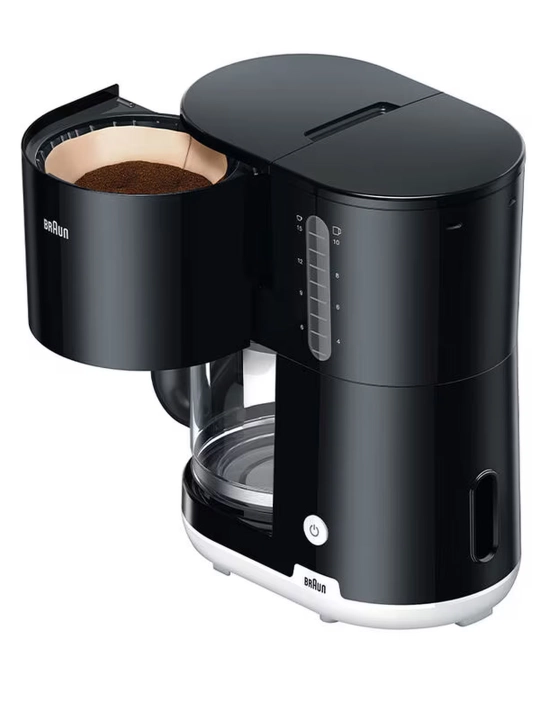 Braun KF1100BK tomchili kofe mashinasi, 1.25 l, 1000 Vt, shisha krujka, avtomatik o‘chish