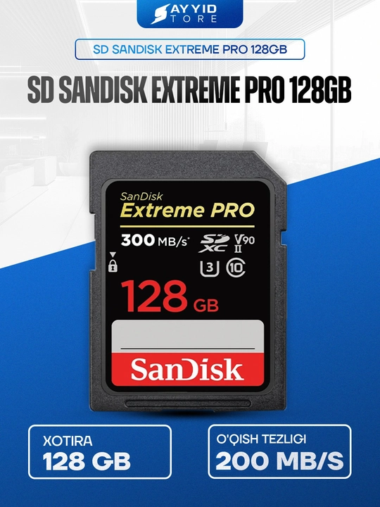 SD SanDisk Extreme Pro 128 GB xotira karti (UHS-II, V90, 200 MB/s) - 