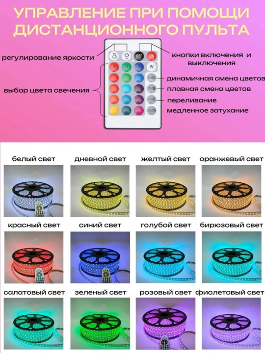 Suv o'tkazmaydigan 1 dan 100 metrgacha masofadan boshqarish pulti bilan RGB LED tasmasi