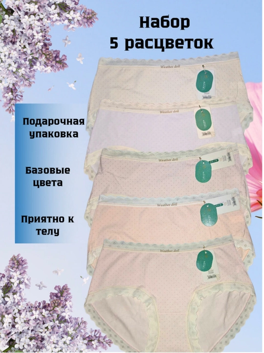 Ayollar ichki kiyimi, to‘rli va gipyurli, yopishqoq, paxtali, to‘plamda 5 dona, turli ranglarda
