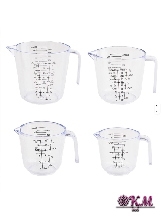 O‘lchov idishlari akril materialdan — 150/300/600/1000 ml suv, yog‘, un va don uchun