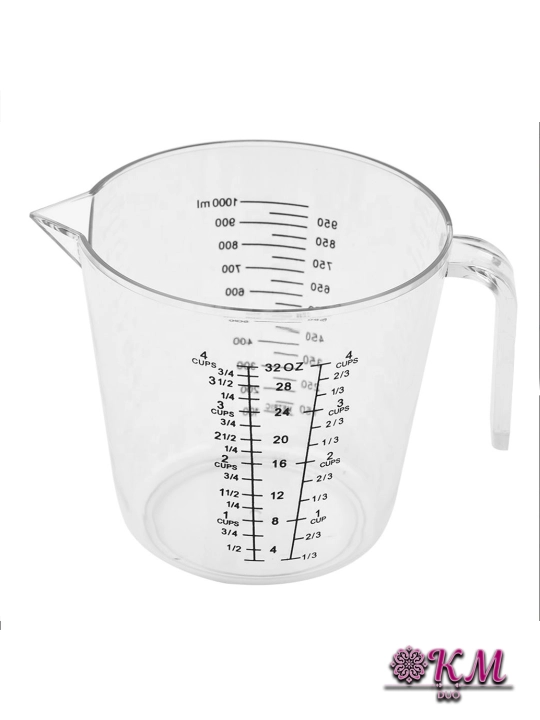 O‘lchov idishlari akril materialdan — 150/300/600/1000 ml suv, yog‘, un va don uchun