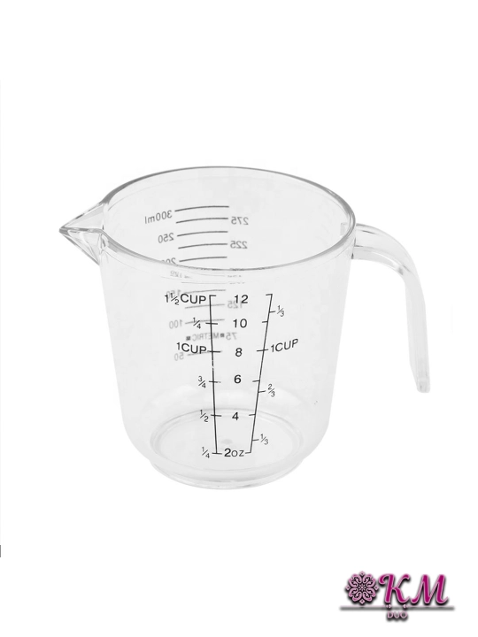 O‘lchov idishlari akril materialdan — 150/300/600/1000 ml suv, yog‘, un va don uchun