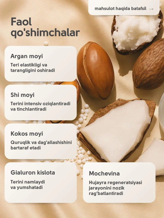 Qo‘llar uchun namlovchi krem Zeitun, Kelin yog‘lar va gialuron kislotasi bilan, 75 ml