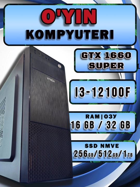 Tayyor Core i3-12100f o'yin kompyuteri, GTX 1660 super-o'yin va dizayn uchun tizimli blok