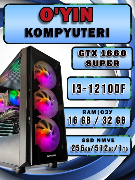 Tayyor Core i3-12100f o'yin kompyuteri, GTX 1660 super-o'yin va dizayn uchun tizimli blok