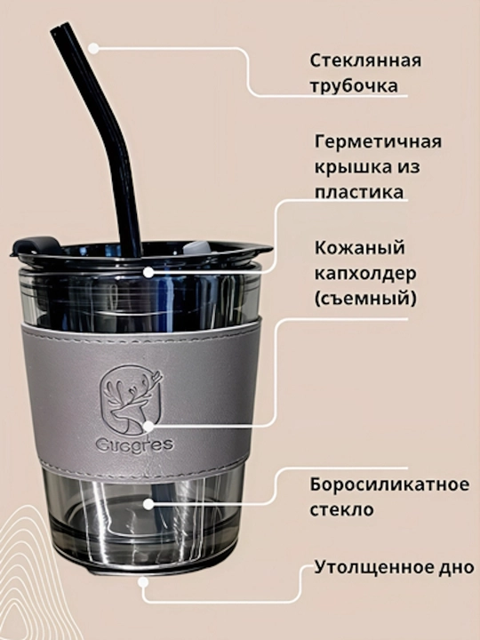 Somon, qopqoq va charm qopqoqli, 350-450 ml, shisha issiqlikka chidamli stakan