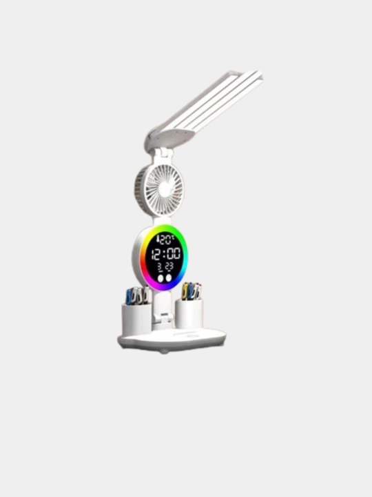 LED lampa 7 v 1: svetilnik, ventilyator, termometr, soat, sana, akkumulyator va organayzer