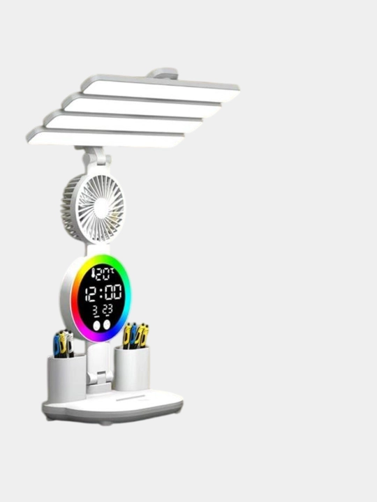 LED lampa 7 v 1: svetilnik, ventilyator, termometr, soat, sana, akkumulyator va organayzer