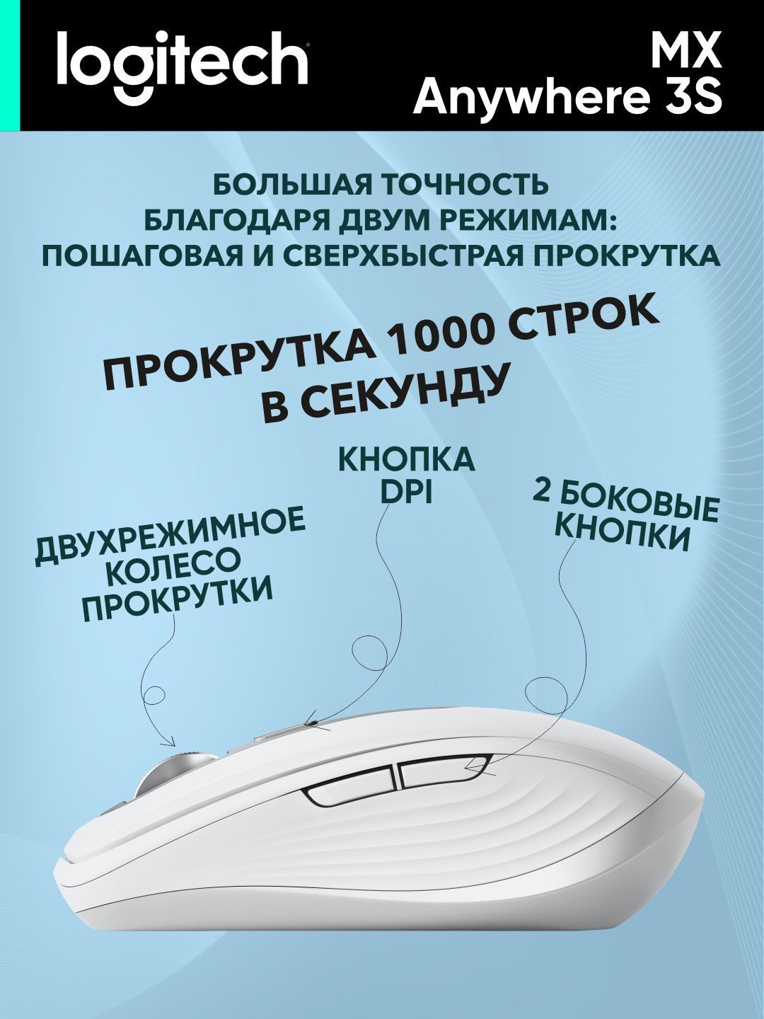 Simsiz sichqoncha, 2,4 GHz, Bluetooth, LOGITECH MX Anywhere 3S