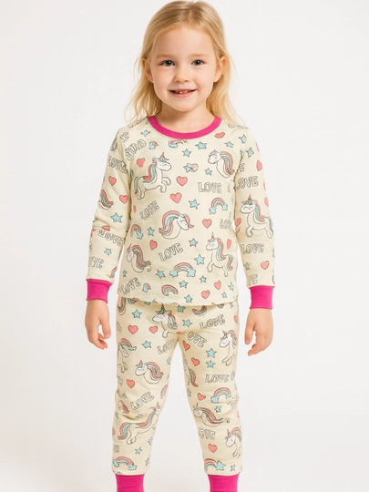 Qizlar uchun uzun yengli paxtali pijama — yagona, mushukcha, kapalak va yulduzli dizaynlar