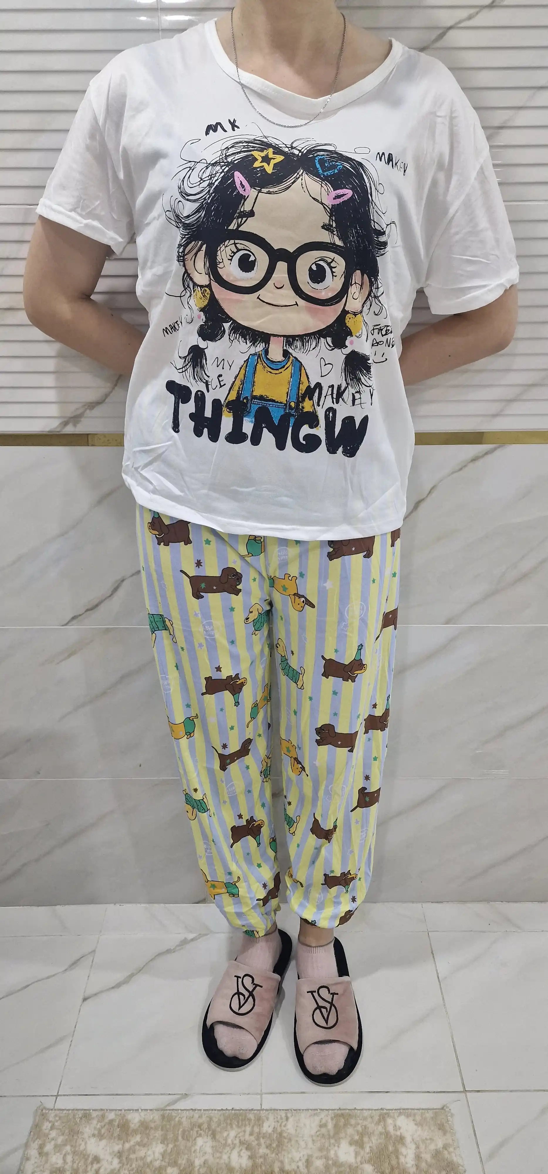 Ayollar va qizlar uchun pijama to‘plami, ko‘ylak va shim, kichik o‘lchamli
