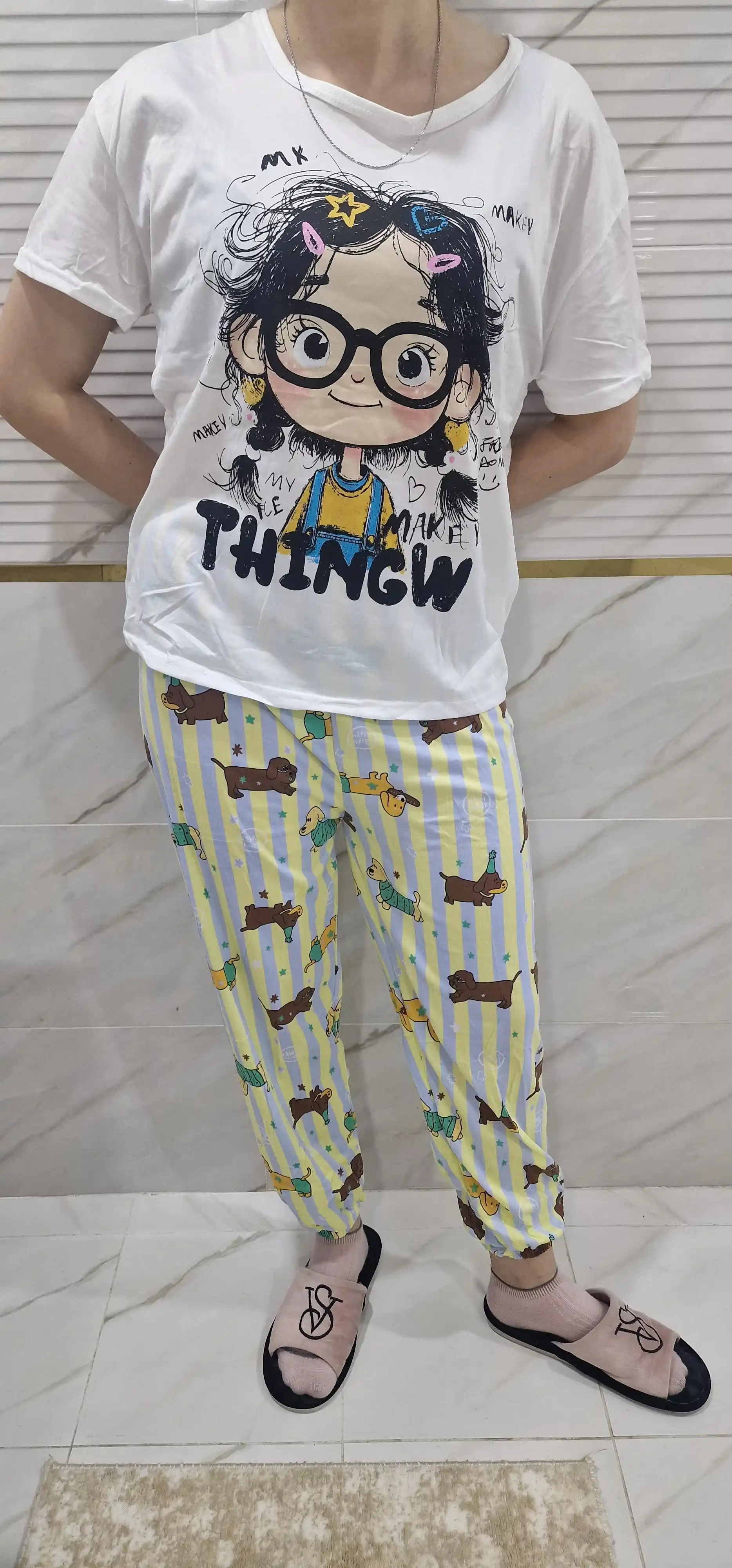 Ayollar va qizlar uchun pijama to‘plami, ko‘ylak va shim, kichik o‘lchamli