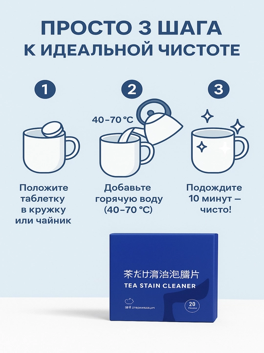 Таблетки чистящие TEA STAIN CLEANER от чайного и кофейного налета, 20 штук