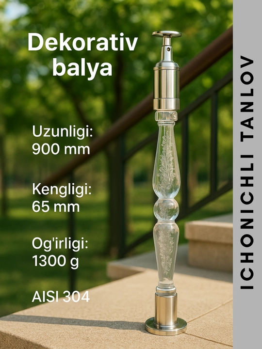 Dekorativ shisha balya — zanglamas po‘lat asosli akril kristall tutqich, zinapoya - 
