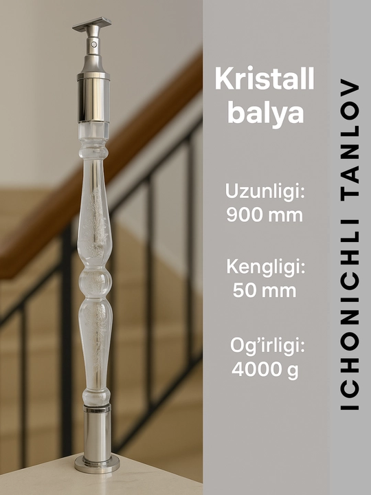 Dekorativ shisha balya — zanglamas po‘lat asosli akril kristall tutqich, zinapoya