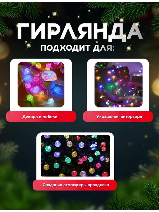 "Shariki" yangi yil LED girlyandasi, USB, archaga, derazaga, 3, 6, 10 metr