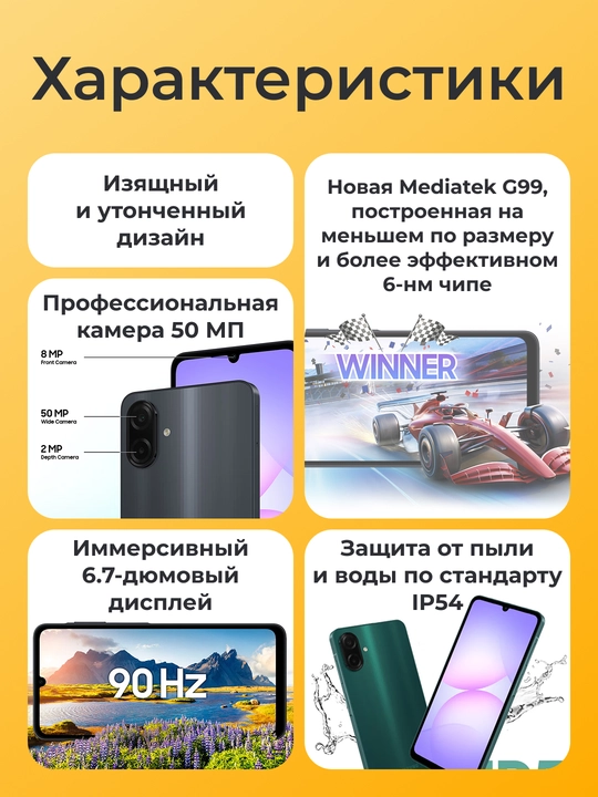 Смартфон Samsung Galaxy A07, 6.7" дюймовый дисплей, 90Hz, 50Мп камера, IP54 защита