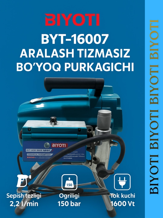 BIYOTI BYT-16007 Aralash tizmasiz elektr bo‘yoq purkagichi,bo‘yash apparati