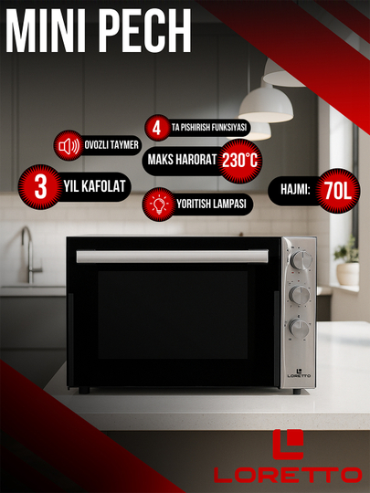 LORETTO LUX-7000IN – elektr duxovka, mini-pech, termostat, taymer konvektsiya, 70 litr - 