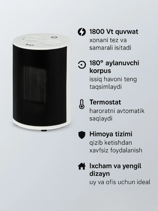 Ventilyatorli isitgich, 180° aylanadigan korpus, samarali isitish, 1800 Vt