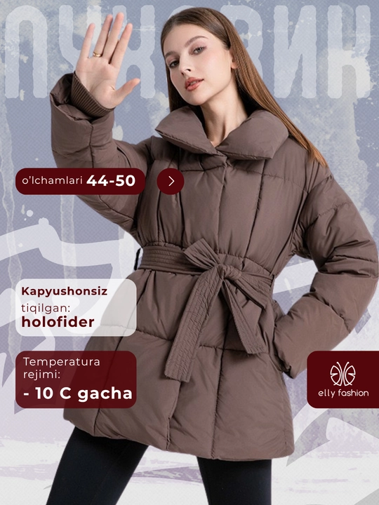 Kurtkalar ayollar uchun, qishki kurtkasi  belbogʻli Elly Fashion, issiq qishki kurtka