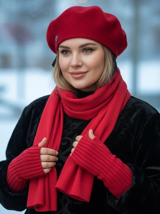 Ayollar to‘plami, beret, sharf va qalpoq mitenlari - qishki bosh kiyim, 3 tasi 1 da