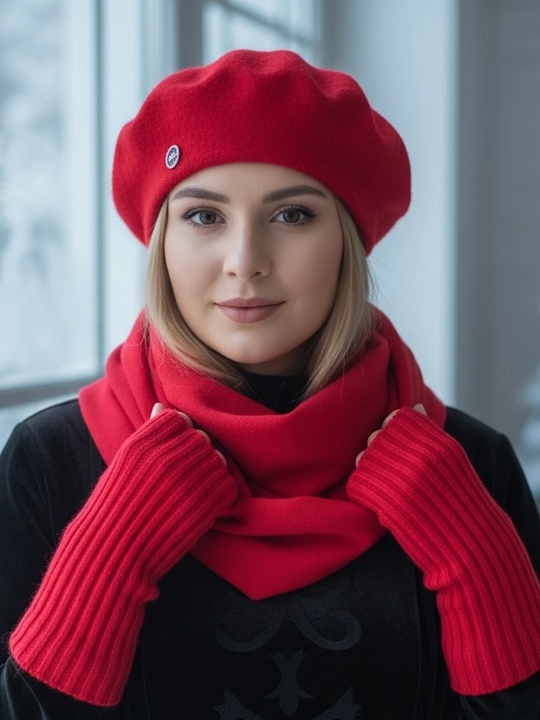 Ayollar to‘plami, beret, sharf va qalpoq mitenlari - qishki bosh kiyim, 3 tasi 1 da - 