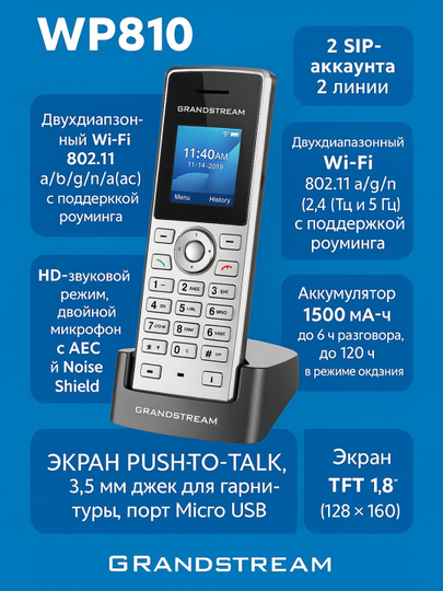 Grandstream WP810 — беспроводной Wi-Fi IP-телефон для офиса и бизнеса